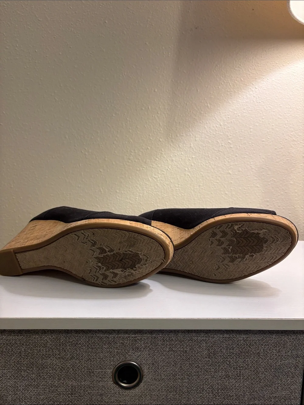 Toms Black Cork Wedge Peep-Toe Shoes